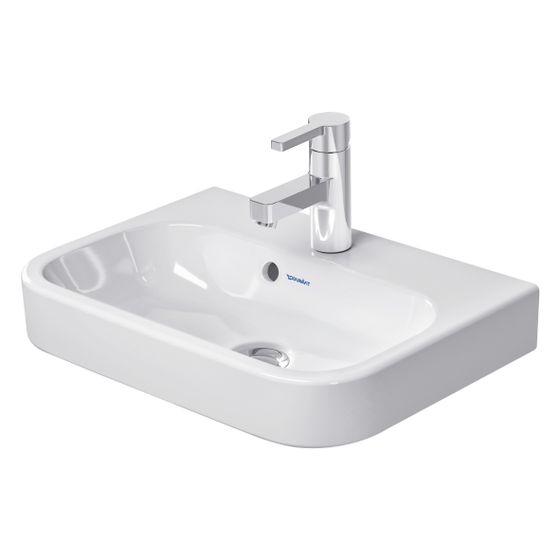Duravit Happy D.2 Handwaschbecken 360x500x140mm, Weiß Hochglanz, WonderGliss, Rechteckig,1 Waschplatz/HL mittig, mit Überlauf
