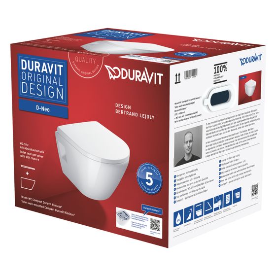 Duravit D-Neo WC-Set wandh. Wand-WC, WC-Sitz, Weiß Hochglanz, Spülrand rimless, Abgang waagerecht, Spülmenge 4,5l