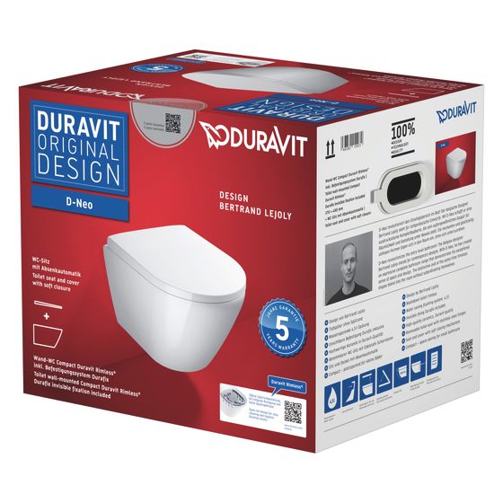 Duravit D-Neo WC-Set wandh. Wand-WC, WC-Sitz, Weiß Hochglanz, 4,5l, mit Absenkautomatik, Tiefspüler, Rimless, waagerecht