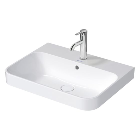 Duravit Happy D.2 Plus Aufsatzbecken 600mm, Weiß Hochglanz, WonderGliss, rechteckig mit HLB/Überlauf, Push-Open, 1 HL