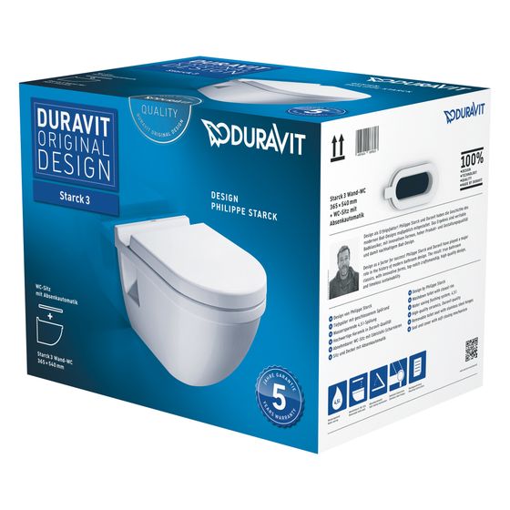 Duravit Starck 3 WC-Set wandh. Wand-WC, WC-Sitz, Weiß Hochglanz, Spülrand geschlossen, Abgang waagerecht, Spülmenge 4,5l