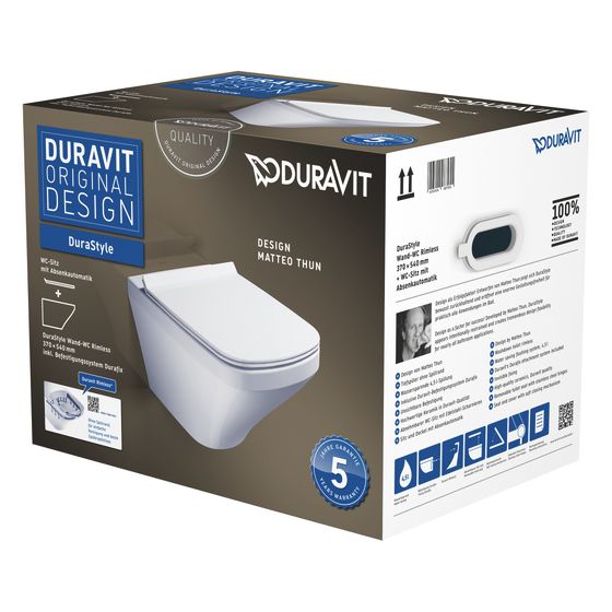 Duravit DuraStyle WC-Set wandh., Wand-WC, WC-Sitz, Weiß Hochglanz, Spülrand rimless, DuraFix, Abgang waagerecht, Spülmenge 4,5l