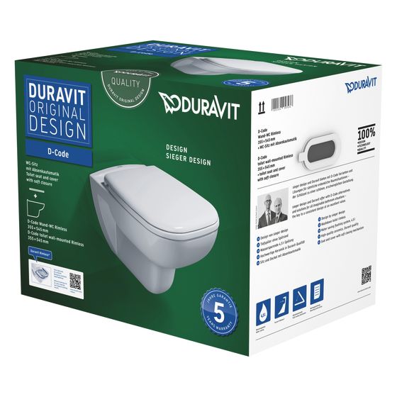 Duravit D-Code WC-Set wandh. Wand-WC, WC-Sitz, Weiß Hochglanz, Spülrand rimless, Abgang waagerecht, Spülmenge 4,5l