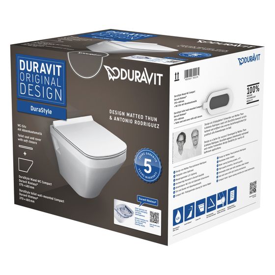 Duravit DuraStyle WC-Set wandh. Wand-WC, WC-Sitz, Weiß Hochglanz, Spülrand rimless, Abgang waagerecht, Spülmenge 4,5l