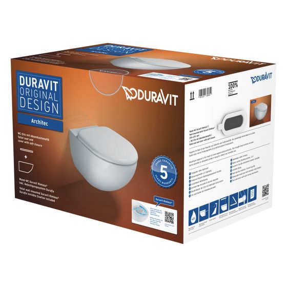 Duravit Architec WC-Set wandhäng. Weiß Hochglanz, 4,5l, Tiefspüler, rimless, waagerecht