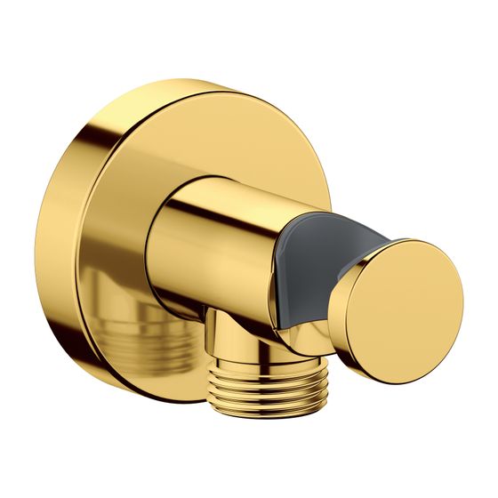 Duravit Wandanschlussbogen 55x102mm, Rund, Gold poliert, Rosette rund, Rückflussverhinderer, feste Handbrausehalterung