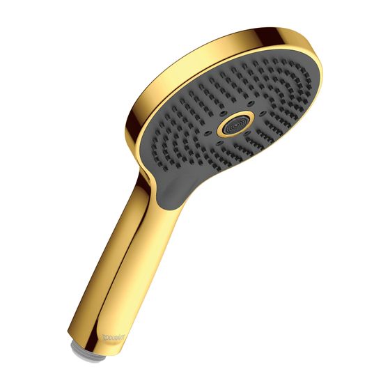 Duravit Handbrause, Gold poliert, MinusFlow, d. 120mm, Strahlart Rain, Pulse, Mono, Druckknopf, 9l/min, Silikonnoppen