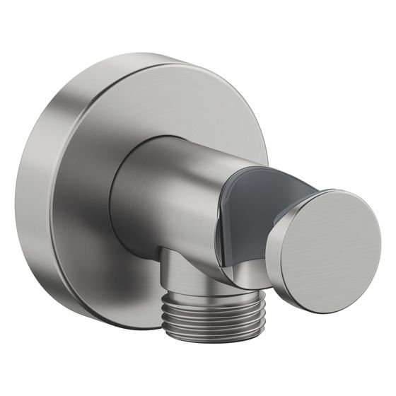 Duravit Wandanschlussbogen 55x102mm, Rund, Edelstahl gebürstet, Rosette rund, Rückflussverhinderer, feste Handbrausehalterung