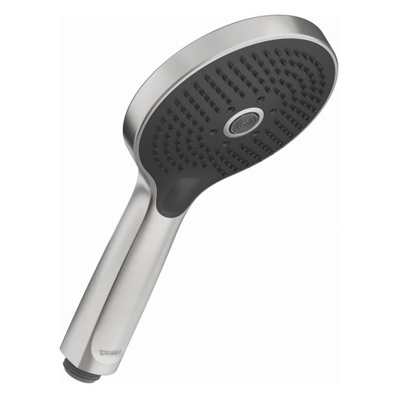 Duravit Handbrause, Edelstahl gebürstet, MinusFlow, d. 120mm, Strahlart Rain, Pulse, Mono, Druckknopf, 9l/min, Silikonnoppen