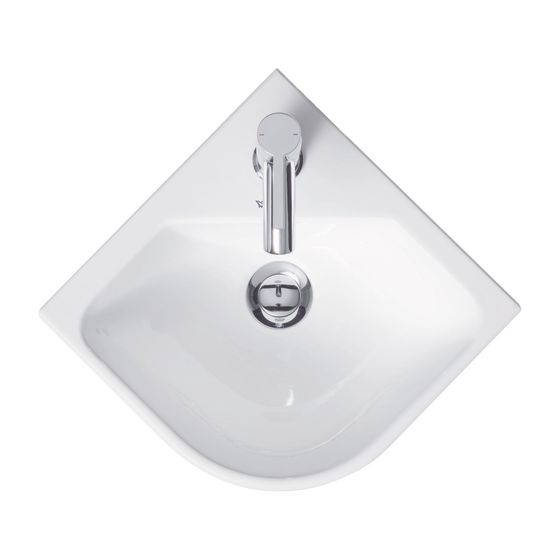 Duravit ME by Starck Eck-Handwaschbecken 380x435x155mm, Weiß HG, WonderGliss, Halbrund,1 Waschplatz/HL mittig, mit Überlauf