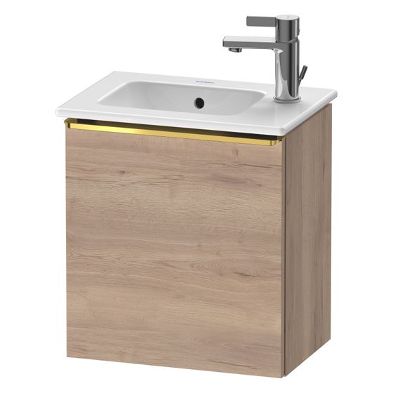 Duravit D-Neo Waschtischunterbau wandh. 274x410x440mm Eiche Marmoriert Matt, Griff Gold, 1 Tür R, Automatiktürscharnier