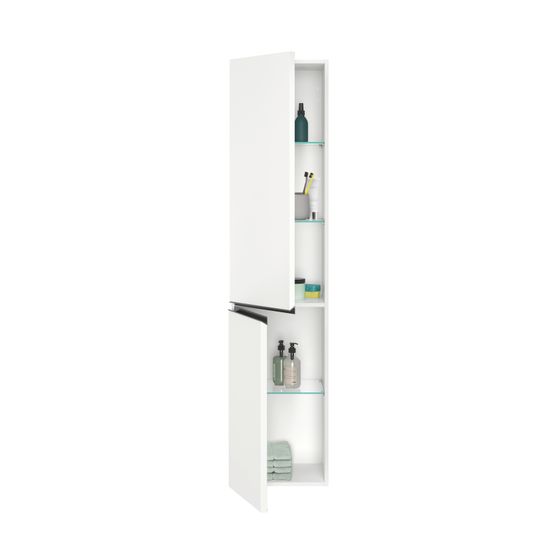 Duravit Sivida Hochschrank Dekor 374x400x1770mm Mattweiß, 2 Türen R, Griffleiste Diamantschwarz, 3 Glas-FB, 1 Holz-FB, 50mm