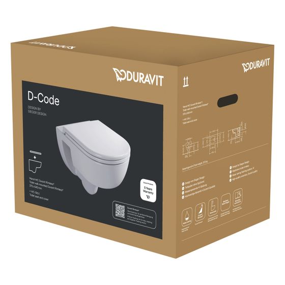 Duravit D-Code WC-Set wandh. Wand-WC WC-Sitz Weiß Hochglanz 4l ohne Absenkautomatik Tiefspüler Rimless waagerech