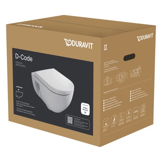 Duravit D-Code WC-Set wandh. Wand-WC WC-Sitz Weiß Hochglanz 45l mit Absenkautomatik Tiefspüler Rimless waagerech