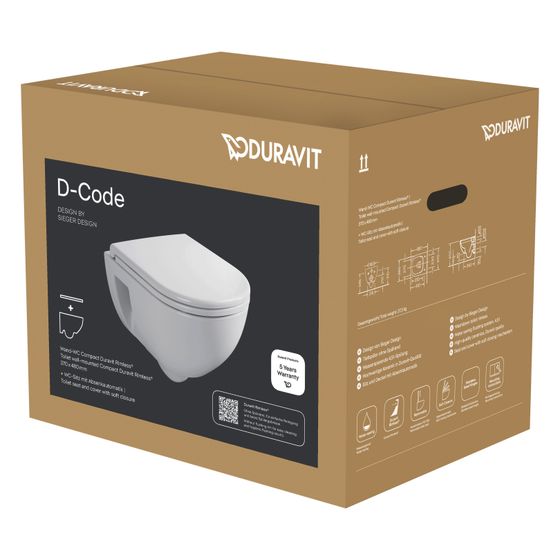 Duravit D-Code WC-Set wandh. WC-Sitz Wand-WC Weiß Hochglanz 45l mit Absenkautomatik Tiefspüler Rimless waagerech