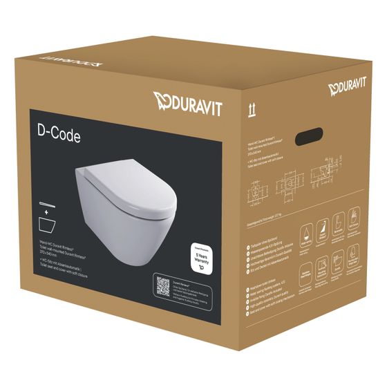Duravit D-Code WC-Set wandh. Wand-WC WC-Sitz Weiß Hochglanz 45l mit Absenk./Durafix Tiefspüler Rimless waagerech