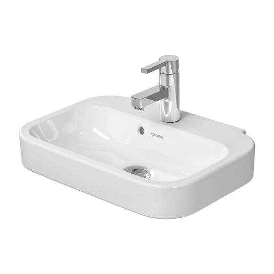 Duravit Happy D.2 Handwaschbecken 360x500x145mm, Weiß Hochglanz, WonderGliss, Rechteckig,1 Waschplatz/HL mittig, mit Überlauf