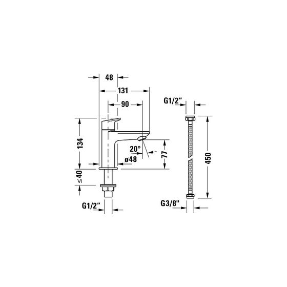 Duravit Wave Standventil Edelstahl gebürstet, 4,5l/min, 90mm Ausladung, 134mm Höhe, Strahlformer EasyClean, flexible Ansch. 3/8
