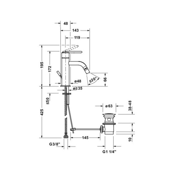 Duravit Balcoon Einhebel-Bidetmischer, Mattschwarz, 9,5l/min, mit Garnitur, Ausladung 119mm, Höhe 172mm, 3/8