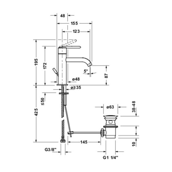 Duravit Balcoon Einhebel-Waschtischmischer S FreshStart, MinusFlow, Mattschwarz 4l/min, Garnitur, Hebelgriff, 123mm, Höhe 172mm