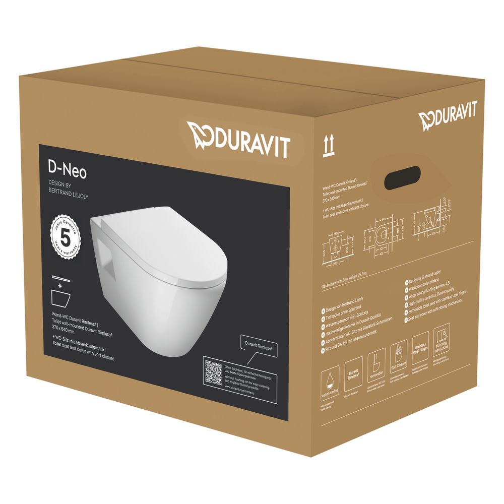 Duravit D-Neo WC-Set wandhäng. Weiß Hochglanz, 4,5l, Tiefspüler, rimless, waagerech... DURAVIT-45780900A1 4063382129178 (Abb. 3)