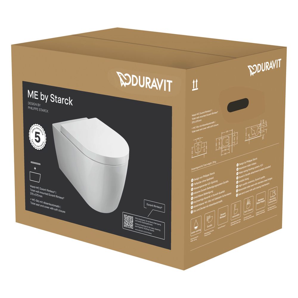 Duravit ME by Starck WC-Set wandhäng., Wand-WC, WC-Sitz Weiß HG, Spülrand rimless, ... DURAVIT-45290900A1 4053424326597 (Abb. 4)