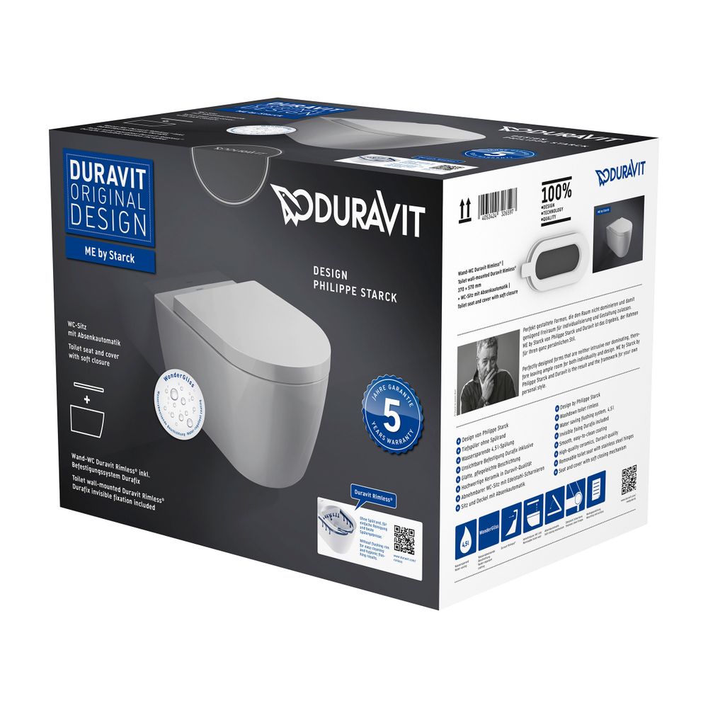 Duravit ME by Starck WC-Set wandhäng. Weiß Hochglanz, 4,5l, WonderGliss, Tiefspül... DURAVIT-45290900A11 4053424897677 (Abb. 31)