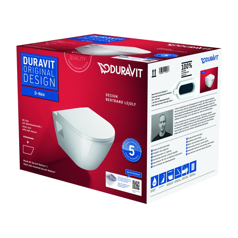 Duravit D-Neo WC-Set wandhäng. Weiß Hochglanz, 4,5l, Tiefspüler, rimless, waagerec... DURAVIT-45780900A1 4063382129178 (Abb. 17)