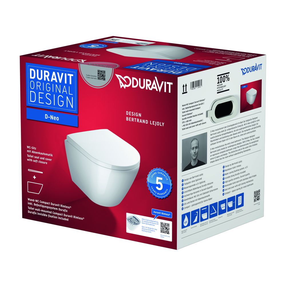 Duravit D-Neo WC-Set wandh. Wand-WC, WC-Sitz, Weiß Hochglanz, 4,5l, mit Absenkautom... DURAVIT-45880900A1 4063382154972 (Abb. 8)