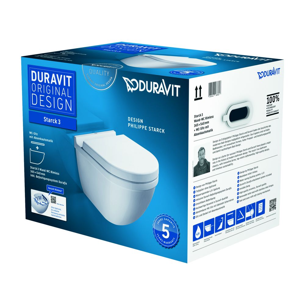 Duravit Starck 3 WC-Set wandh. Wand-WC, WC-Sitz, Weiß Hochglanz, Spülrand rimless, ... DURAVIT-45270900A1 4053424087627 (Abb. 8)