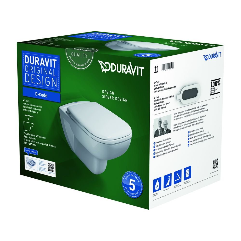 Duravit D-Code WC-Set wandh. Wand-WC, WC-Sitz, Weiß Hochglanz, Spülrand rimless, A... DURAVIT-45700900A1 4053424326672 (Abb. 11)