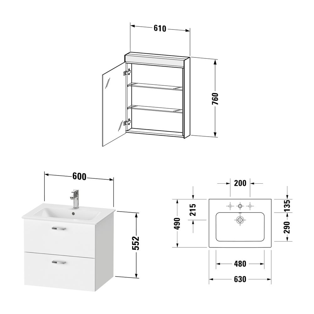Duravit XBase Möbelwaschtisch, Waschtischunterbau, Spiegelschrank 490x630x2000... DURAVIT-XB0075R30300000 4063382820884 (Abb. 2)