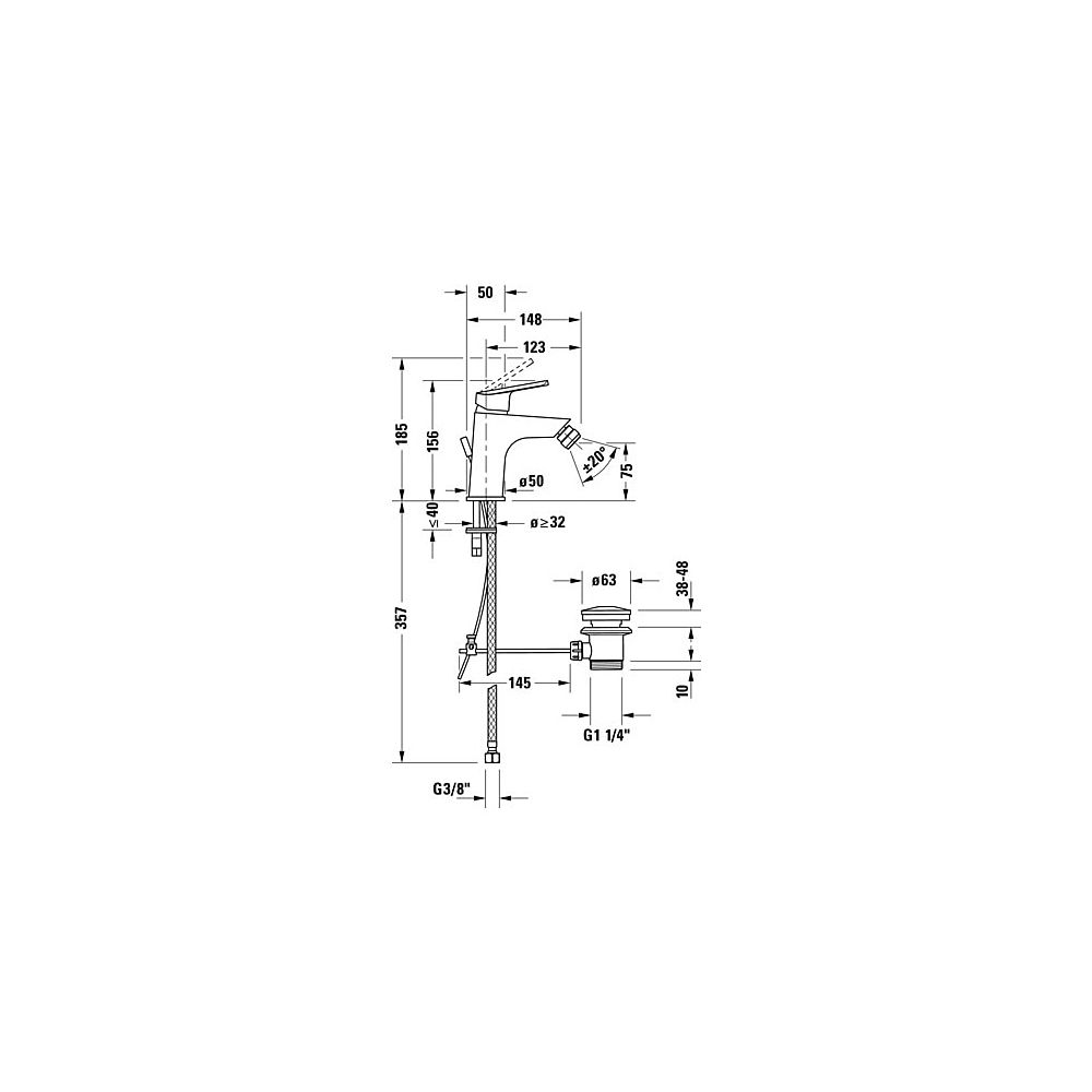 Duravit No.1 Einhebel-Bidetmischer, Chrom, 5l/min, mit Garnitur, Ausladung 123mm,... DURAVIT-N12400001010 8000177315916 (Abb. 8)