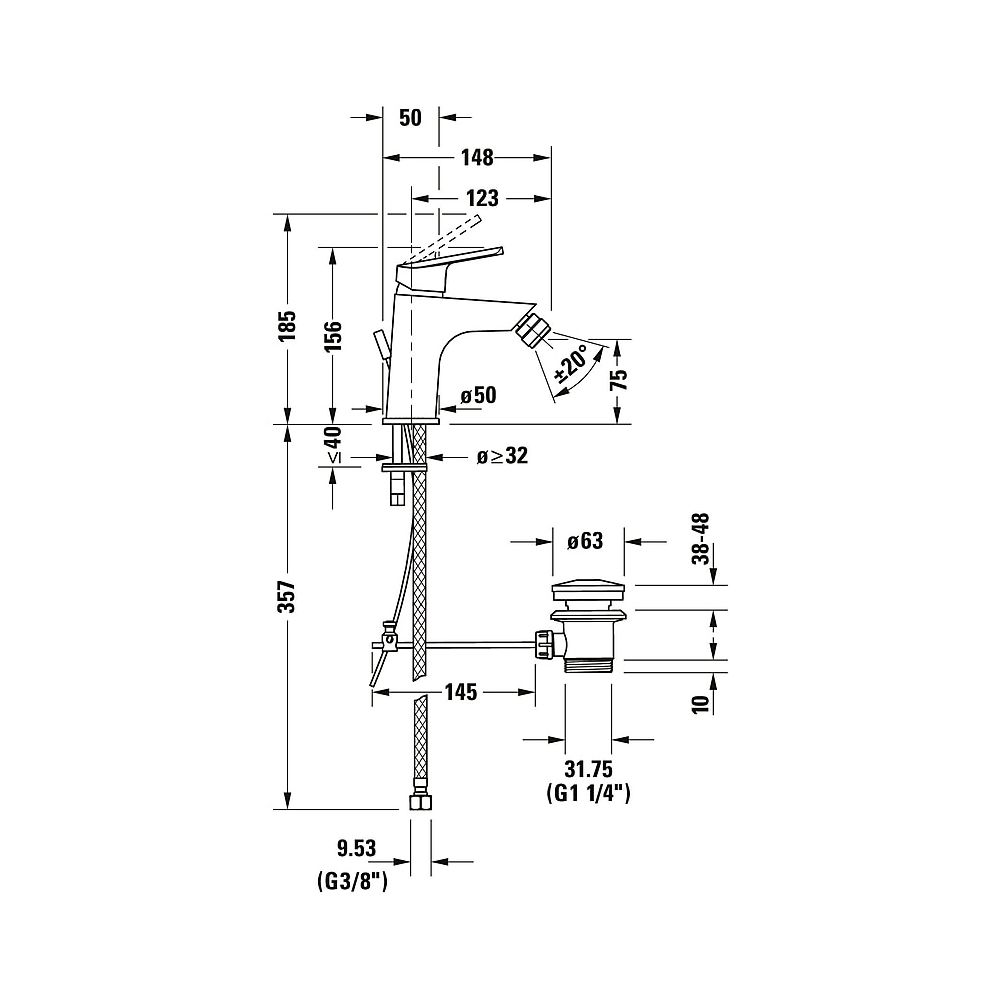 Duravit No.1 Einhebel-Bidetmischer, Chrom, 5l/min, mit Garnitur, Ausladung 123mm,... DURAVIT-N12400001010 8000177315916 (Abb. 9)