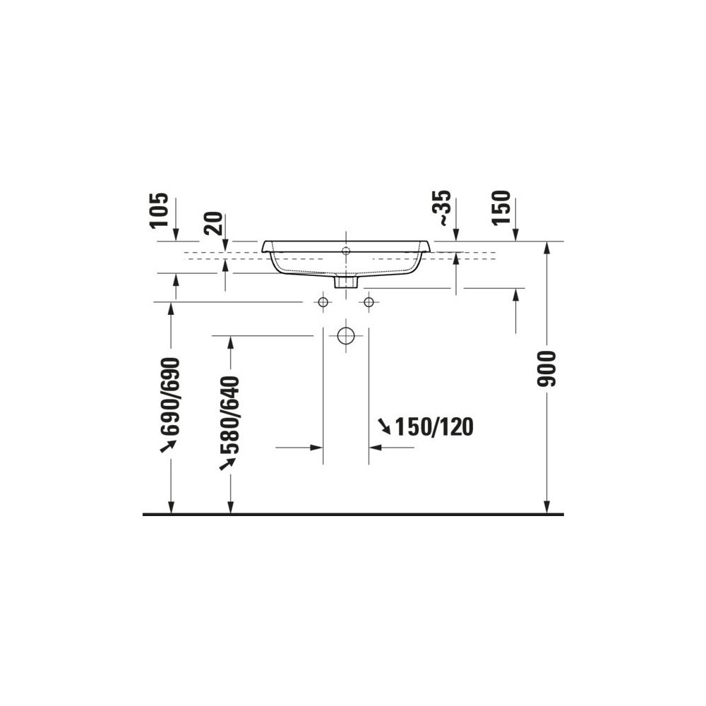 Duravit Qatego Einbauwaschtisch 455x550x150mm, Weiß Hochglanz, mit HLB/ÜL, 1 HL Ges... DURAVIT-2396550027 4067116323047 (Abb. 2)