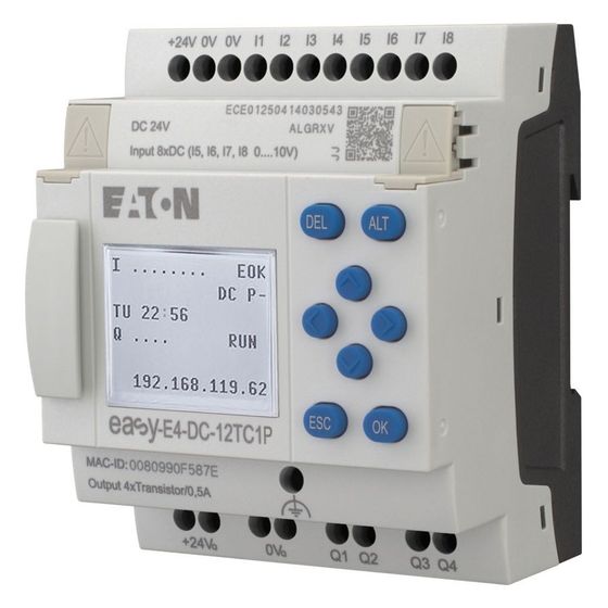 Eaton Steuerrelais easyE4 EASY-E4-DC-12TC1P, 24V DC, 8 Digitaleingänge, Ethernet, mit Display