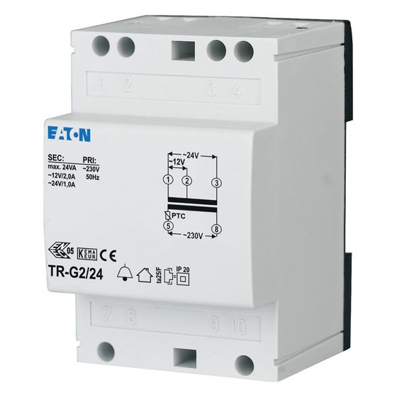 Eaton Klingeltransformator TR-G2/24, 230V 12/24V 2/1A 3HP, 90x54x55mm