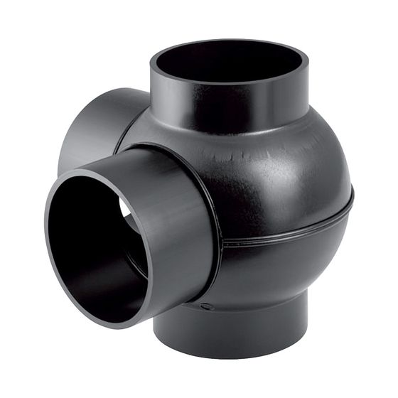 Geberit PE Kugelabzweig 88,5 Grad zweifach, Anschlüsse 90 Grad versetzt d 110mm, d1 110mm