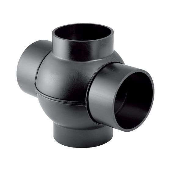 Geberit PE Kugelabzweig 88,5 Grad zweifach, Anschlüsse 180 Grad versetzt d 75mm, d1 75mm