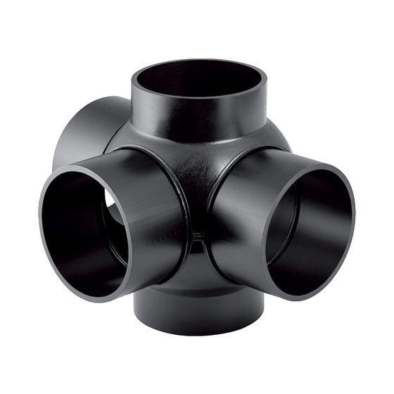 Geberit PE Kugelabzweig 88,5 Grad dreifach, Anschlüsse 90 Grad versetzt d 110mm, d1 110mm