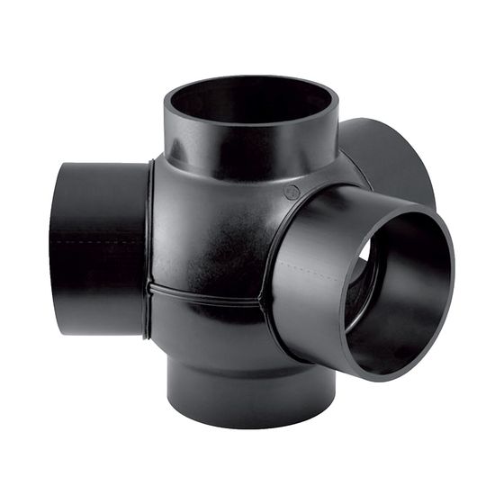 Geberit PE Kugelabzweig 88,5 Grad dreifach, Anschlüsse 135 Grad versetzt d 110mm, d1 110mm