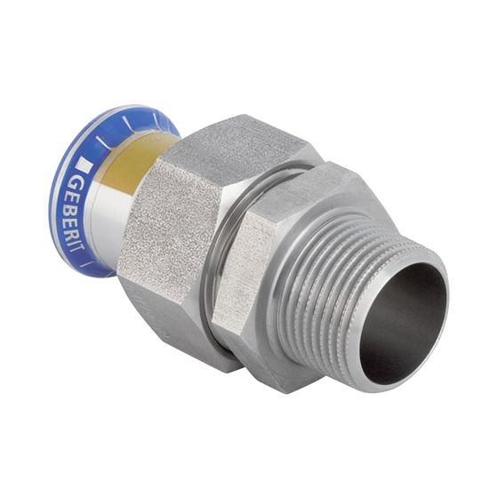 Geberit Mapress Edelstahl Übergangsverschraubung mit Außengewinde, Überwurfmutter aus CrNi-Stahl, Gas, d 18mm, R 1/2