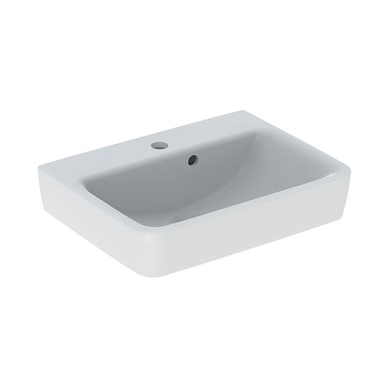 Geberit Renova Plan Handwaschbecken mit asymmetrischem Überlauf, 50x16,5x38cm, Hahnloch mittig, Überlauf sichtbar, Weiß