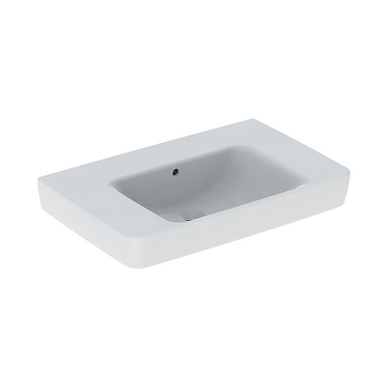 Geberit Renova Plan Waschtisch, Ablagefläche beidseitig, Breite 75cm, Tiefe 48cm, ohne Hahnloch, Überlauf sichtbar, Weiß