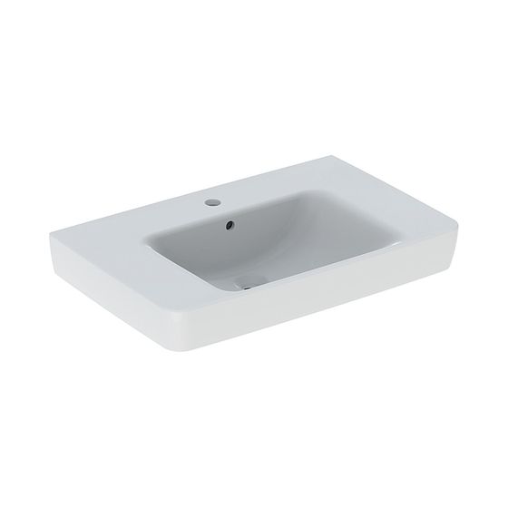 Geberit Renova Plan Waschtisch, Ablagefläche beidseitig, Breite 75cm, Tiefe 48cm, Hahnloch mittig, Überlauf sichtbar, Weiß