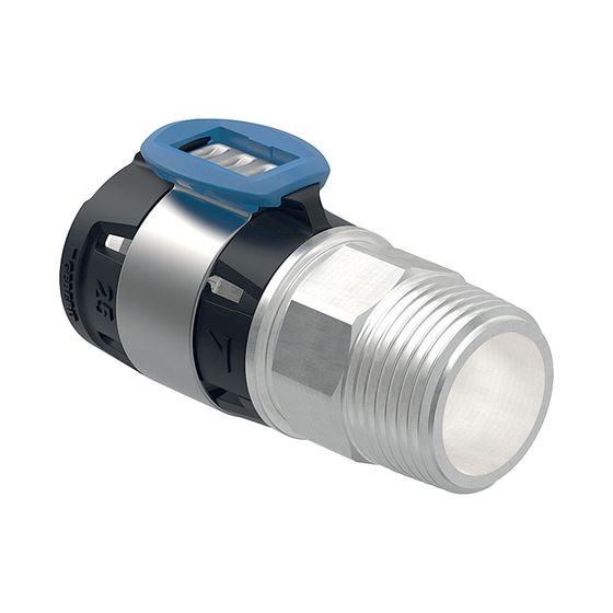 Geberit FlowFit Anschluss gerade, mit Außengewinde bleifreie Siliziumbronze, d 20mm, R 3/4″, vernickelt