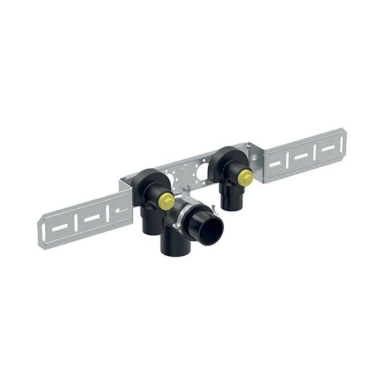 Geberit FlowFit Anschlusswinkel 90 Grad vormontiert, zweifach, abgesetzt, Ablaufrohrschelle d 20mm, Rp 1/2″, L1 5,2cm, AD 15,3cm