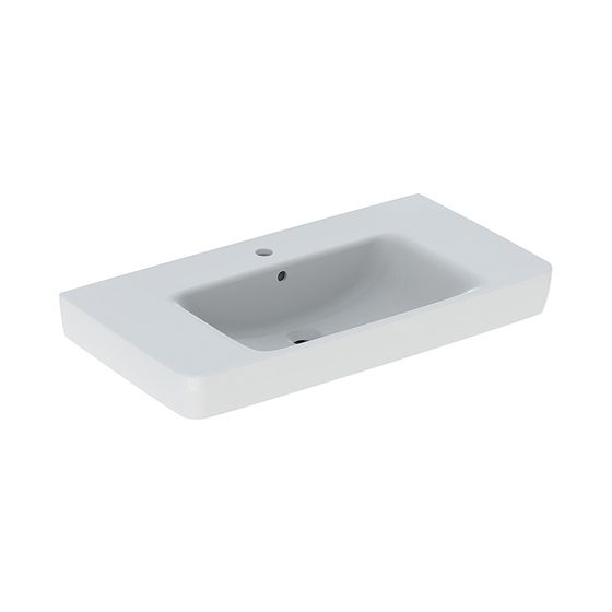 Geberit Renova Plan Aufsatzwaschtisch, Ablagefläche beidseitig, 90cm T 48cm Hahnloch mittig, Überlauf sichtbar, Weiß/KeraTect