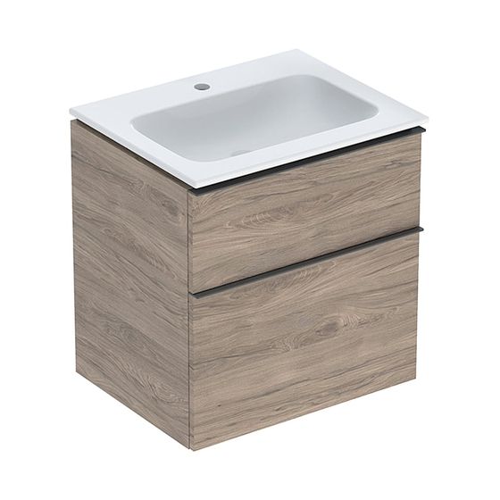 Geberit iCon Set Möbelwaschtisch schm. Rand Unterschrank 2 Schubladen u Anschluss 60cm Nussb./Melamin Lava/plvb matt Weiß