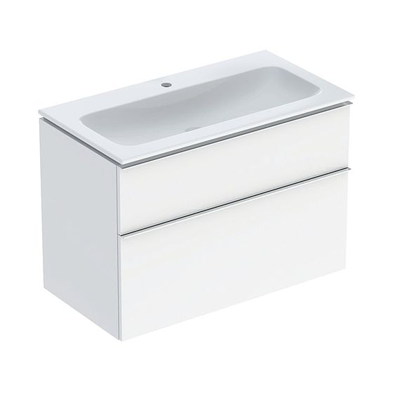 Geberit iCon Set Möbelwaschtisch schm. Rand Unterschrank 2 Schubladen u Anschl 90cm KeraTect Weiß/lack glänz hochgl-verchr